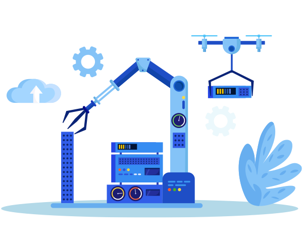 Illustration of an industrial robotic arm, drone, servers and cloud representing connected automation