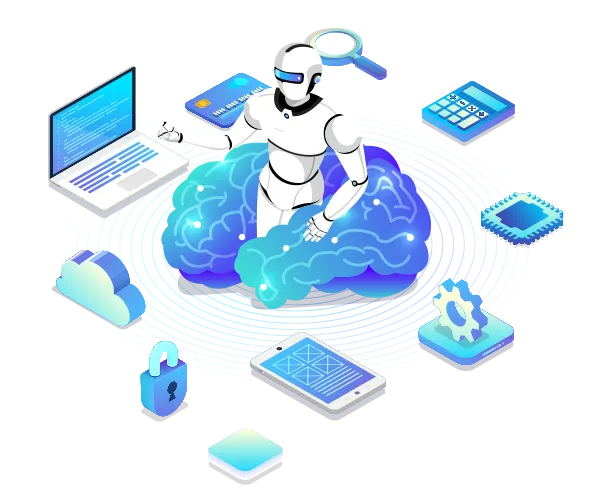 Illustration of AI, cloud, security and devices connected around a digital brain