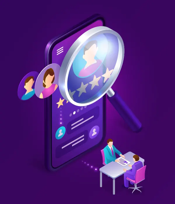 Illustration of a recruiter reviewing candidate profiles on a phone with a magnifying glass